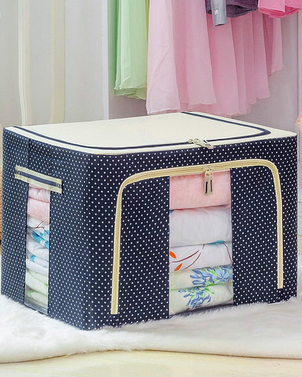 de Depozitare Pliabila, 66 L, din Panza Oxford,2 Ferestre, Frontala si Laterala, 2 Usi de Acces cu Fermoar Bidirectional, Cadru Metalic, Suport Baza Stabil din Plastic, Imprimeu Buline