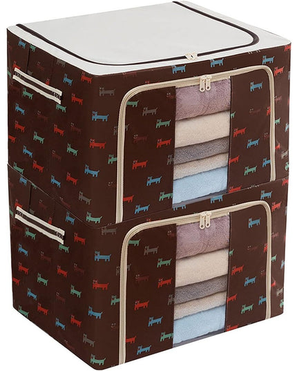 de Depozitare Pliabila, 66 L, din Tesatura Oxford,Fereastra Frontala, 2 Usi de Acces cu Fermoar Bidirectional, Cadru Metalic, Suport Baza Stabil din Plastic, Imprimeu Catelusi