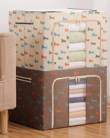 de Depozitare Pliabila, 66 L, din Tesatura Oxford,Fereastra Frontala, 2 Usi de Acces cu Fermoar Bidirectional, Cadru Metalic, Suport Baza Stabil din Plastic, Imprimeu Catelusi