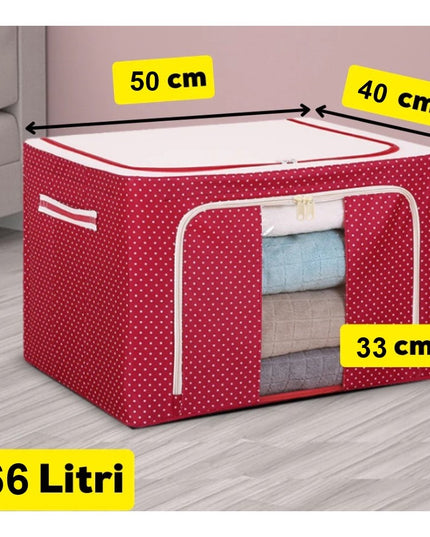 de Depozitare Pliabila, 66 L, din Tesatura Oxford,Fereastra Frontala, 2 Usi de Acces cu Fermoar Bidirectional, Cadru Metalic, Suport Baza Stabil din Plastic, Imprimeu Buline