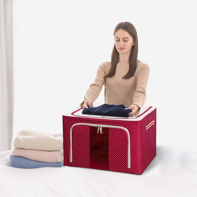 de Depozitare Pliabila, 66 L, din Tesatura Oxford,Fereastra Frontala, 2 Usi de Acces cu Fermoar Bidirectional, Cadru Metalic, Suport Baza Stabil din Plastic, Imprimeu Buline