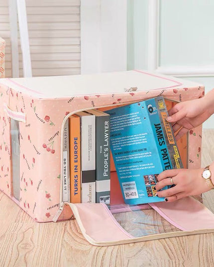 de Depozitare Pliabila, 66 L, din Tesatura Oxford,2 Ferestre, Frontala si Laterala, 2 Usi de Acces cu Fermoar Bidirectional, Cadru Metalic, Suport Baza Stabil din Plastic, Imprimeu Cirese