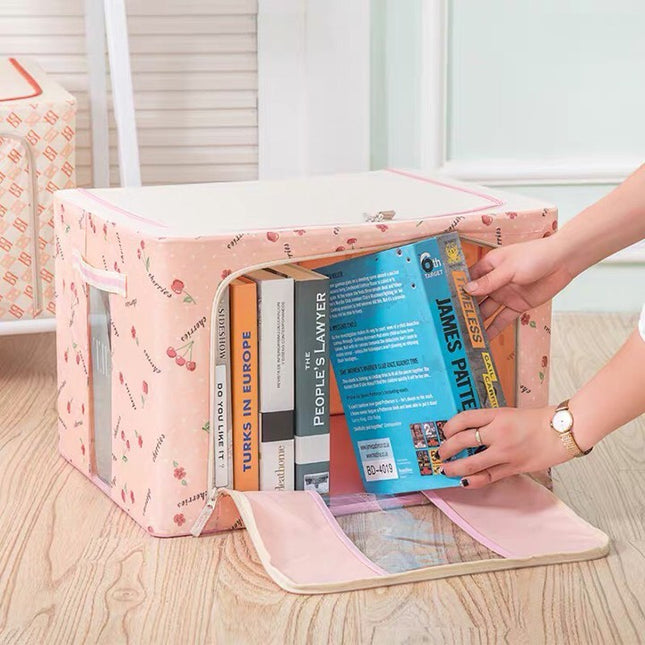 de Depozitare Pliabila, 66 L, din Tesatura Oxford,2 Ferestre, Frontala si Laterala, 2 Usi de Acces cu Fermoar Bidirectional, Cadru Metalic, Suport Baza Stabil din Plastic, Imprimeu Cirese