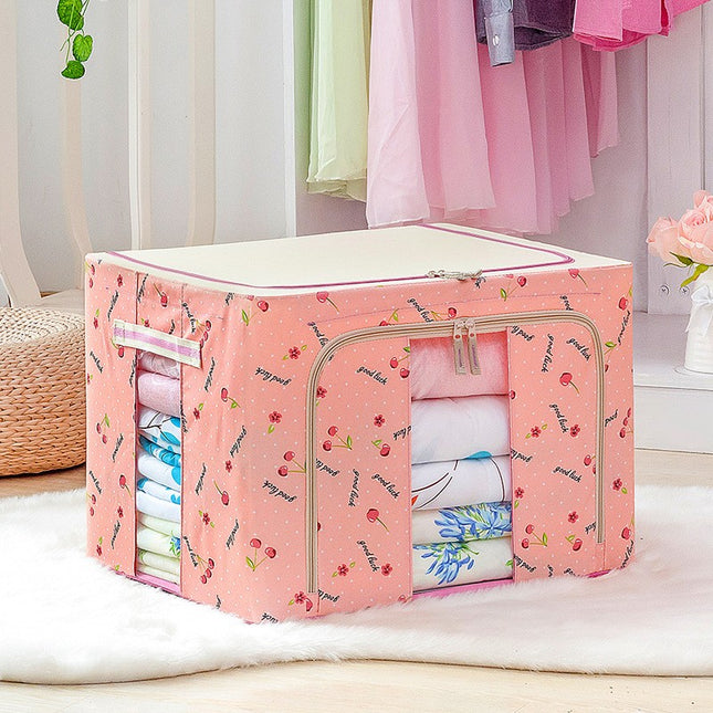 de Depozitare Pliabila, 66 L, din Tesatura Oxford,2 Ferestre, Frontala si Laterala, 2 Usi de Acces cu Fermoar Bidirectional, Cadru Metalic, Suport Baza Stabil din Plastic, Imprimeu Cirese