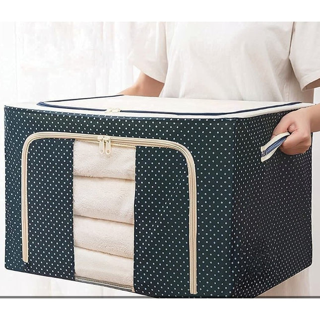 de Depozitare Pliabila, Cu Fermoar, 66 L, Textil,Cadru Metalic, Suport Baza Stabil din Plastic, Imprimeu Buline