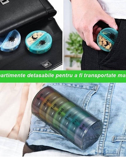 Depozitare Medicamente, 7 Zile, 14 Compartimente, Suport, Recipiente Detasabile, Portabila, Recipiente Colorate, Suport