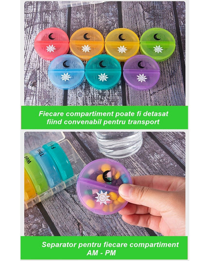 Depozitare Medicamente, 7 Zile, 14 Compartimente, Suport, Recipiente Detasabile, Portabila, Recipiente Colorate, Suport