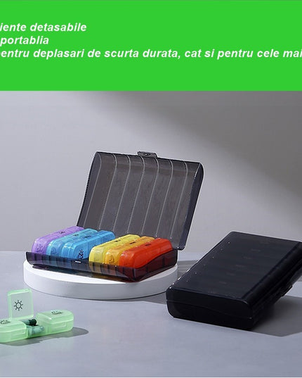 Depozitare Medicamente, 7 Zile, 21 Compartimente, Suport, Recipiente Detasabile, Portabila, Recipiente Colorate, Neagra
