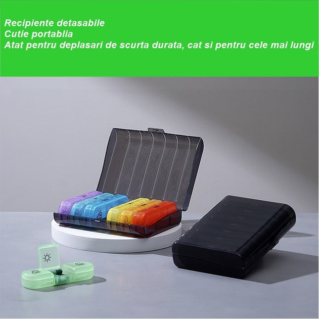 Depozitare Medicamente, 7 Zile, 21 Compartimente, Suport, Recipiente Detasabile, Portabila, Recipiente Colorate, Neagra