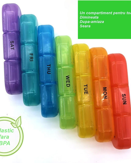 Depozitare Medicamente, 7 Zile, 21 Compartimente, Suport, Recipiente Detasabile, Portabila, Recipiente Colorate, Neagra