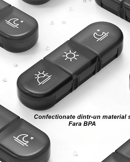 Depozitare Medicamente, 7 Zile, 21 Compartimente, Suport, Recipiente Detasabile, Portabila, Compartimente Negre, Transparenta