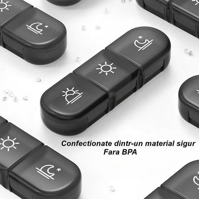 Depozitare Medicamente, 7 Zile, 21 Compartimente, Suport, Recipiente Detasabile, Portabila, Compartimente Negre, Transparenta