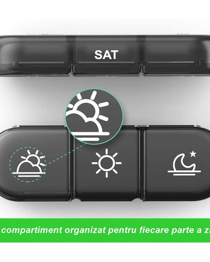 Depozitare Medicamente, 7 Zile, 21 Compartimente, Suport, Recipiente Detasabile, Portabila, Compartimente Negre, Transparenta