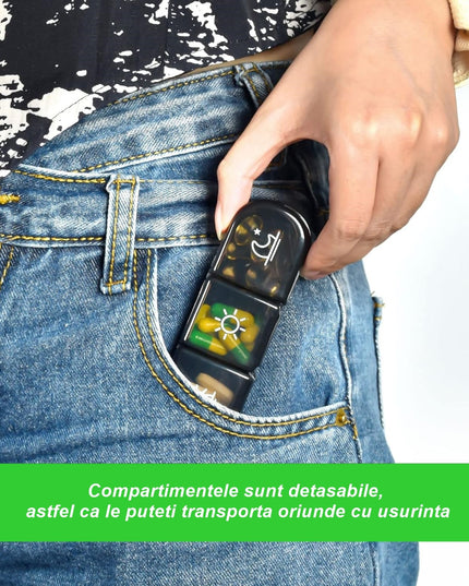 Depozitare Medicamente, 7 Zile, 21 Compartimente, Suport, Recipiente Detasabile, Portabila, Compartimente Negre, Transparenta