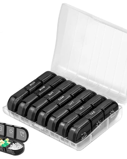 Depozitare Medicamente, 7 Zile, 21 Compartimente, Suport, Recipiente Detasabile, Portabila, Compartimente Negre, Transparenta