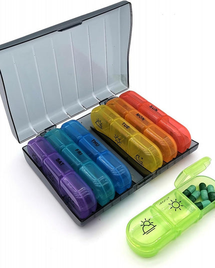 Depozitare Medicamente, 7 Zile, 21 Compartimente, Suport, Recipiente Detasabile, Portabila, Recipiente Colorate, Neagra