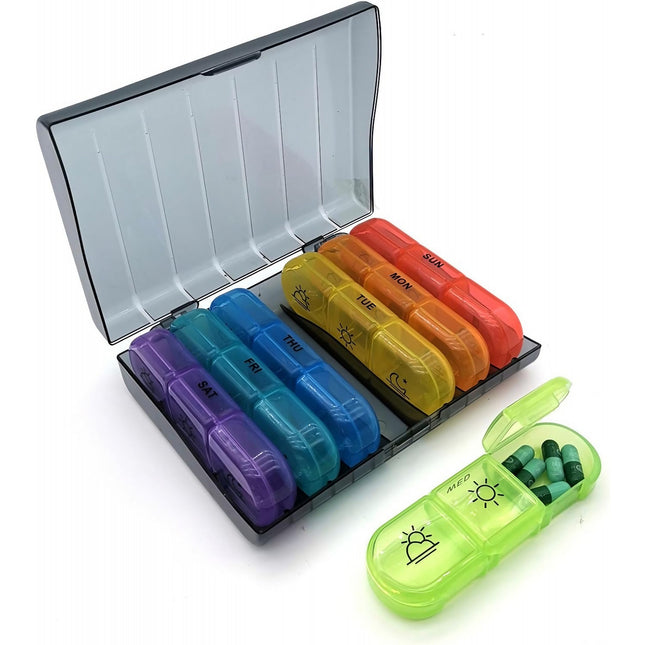 Depozitare Medicamente, 7 Zile, 21 Compartimente, Suport, Recipiente Detasabile, Portabila, Recipiente Colorate, Neagra