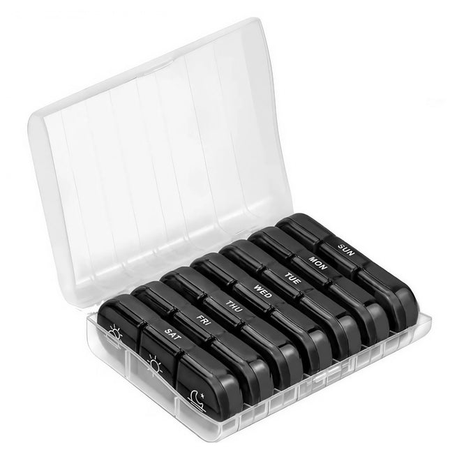 Depozitare Medicamente, 7 Zile, 21 Compartimente, Suport, Recipiente Detasabile, Portabila, Compartimente Negre, Transparenta