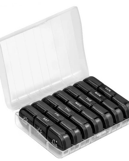 Depozitare Medicamente, 7 Zile, 21 Compartimente, Suport, Recipiente Detasabile, Portabila, Compartimente Negre, Transparenta