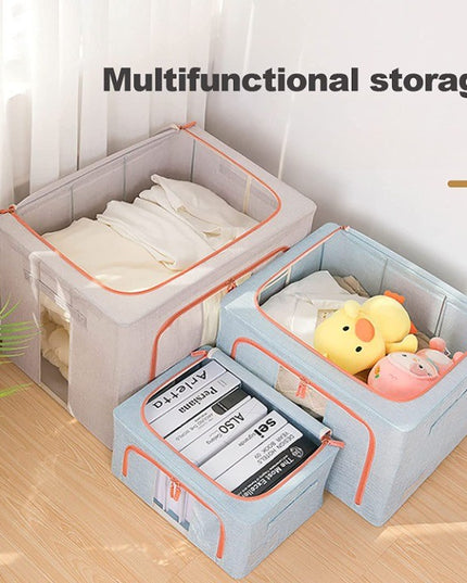 de Depozitare Pliabila, 66 L, din Bumbac si In,Fereastra Frontala, 2 Usi de Acces cu Fermoar Bidirectional, Cadru Metalic, Suport Baza Stabil din Plastic, Bleu