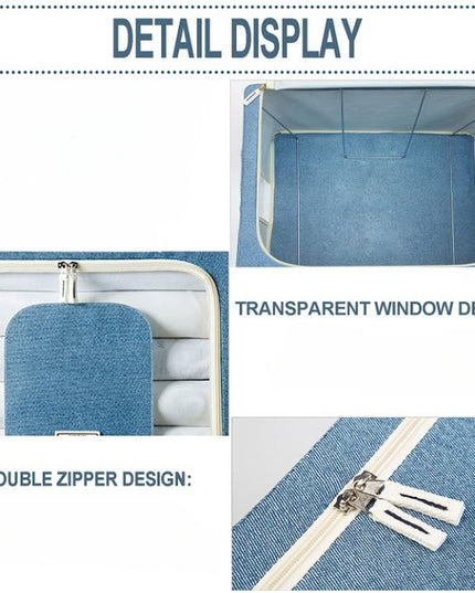 de Depozitare Pliabila, 66 L, din Bumbac si In,Fereastra Frontala, 2 Usi de Acces cu Fermoar Bidirectional, Cadru Metalic, Suport Baza Stabil din Plastic, Bleu