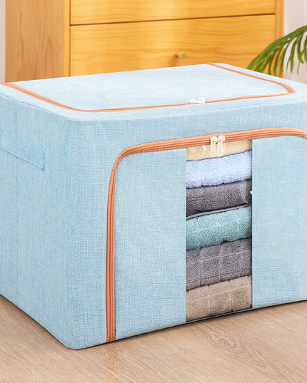 de Depozitare Pliabila, 66 L, din Bumbac si In,Fereastra Frontala, 2 Usi de Acces cu Fermoar Bidirectional, Cadru Metalic, Suport Baza Stabil din Plastic, Bleu