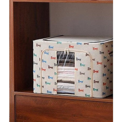 de Depozitare Pliabila, 24 L, Panza Oxford,Fereastra Frontala, 2 Usi de Acces cu Fermoar Bidirectional, Cadru Metalic, Suport Baza Stabil din Plastic, Imprimeu Catelus