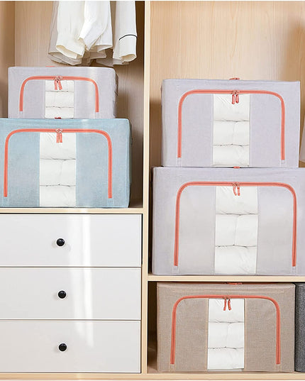 de Depozitare Pliabila, 66 L, din Bumbac si In,Fereastra Frontala, 2 Usi de Acces cu Fermoar Bidirectional, Cadru Metalic, Suport Baza Stabil din Plastic, Bleu