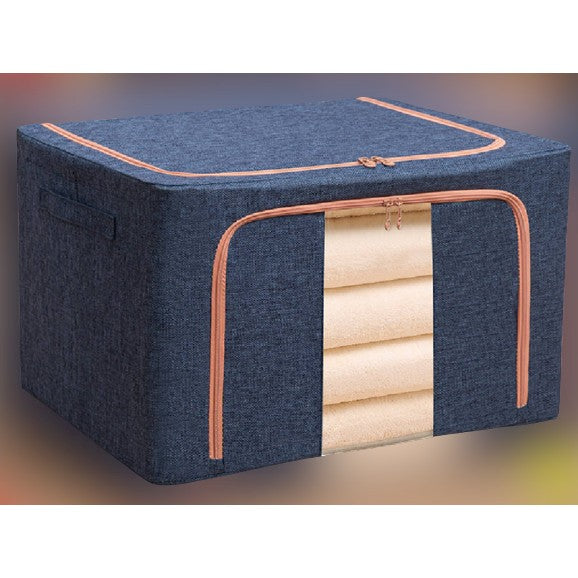 de Depozitare Pliabila, 24 L, din Bumbac si In,Fereastra Frontala, 2 Usi de Acces cu Fermoar Bidirectional, Cadru Metalic, Suport Baza Stabil din Plastic