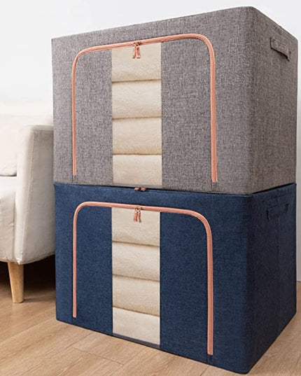 de Depozitare Pliabila, 24 L, din Bumbac si In,Fereastra Frontala, 2 Usi de Acces cu Fermoar Bidirectional, Cadru Metalic, Suport Baza Stabil din Plastic