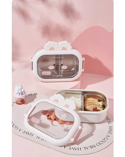 pentru Pranz sau Gustari, cu Doua Compartimente, Model Iepuras, pentru Copii si Adulti, Etansare, PP, Perfect pentru Scoala si Birou, 1000 mL