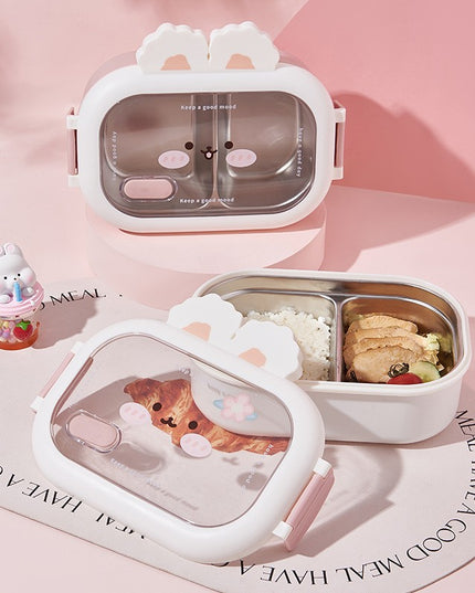 pentru Pranz sau Gustari, cu Doua Compartimente, Model Iepuras, pentru Copii si Adulti, Etansare, PP, Perfect pentru Scoala si Birou, 1000 mL