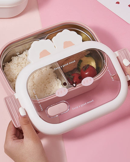 pentru Pranz sau Gustari, cu Doua Compartimente, Model Iepuras, pentru Copii si Adulti, Etansare, PP, Perfect pentru Scoala si Birou, 1000 mL