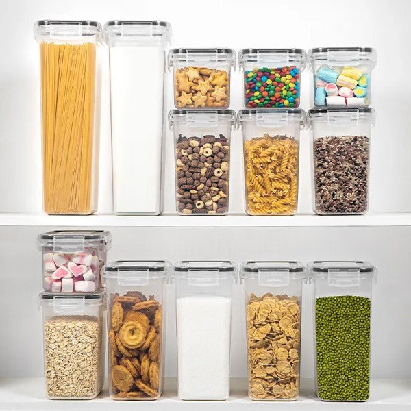 Cutii de depozitare alimente, din 14 Cutii pentru Condimente, Cereale, Cutii pentru Bucatarie, din Plastic PP, Cutii Alimentare, Diferite Dimensiuni, Transparente