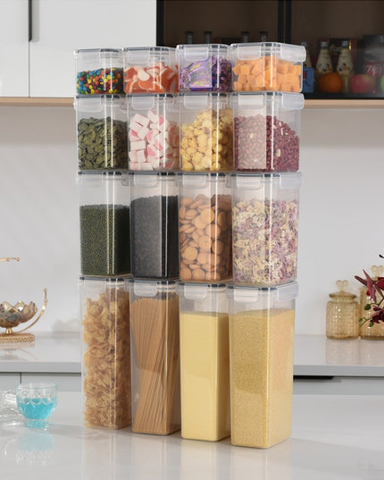 Cutii de depozitare alimente, din 16 Cutii pentru Condimente, Cereale, Cutii pentru Bucatarie, din Plastic PP, Cutii Alimentare, Diferite Dimensiuni, Transparente
