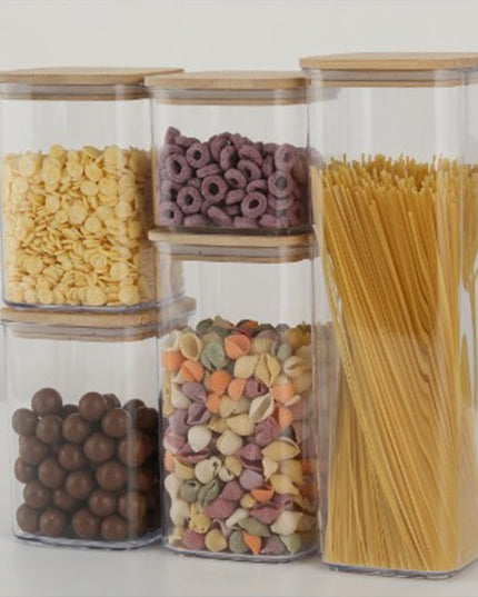 Cutii de Depozitare Alimente, din 5 Cutii de tip Container, Cutii pentru Cereale, din Plastic, Capac din Bambuc, 1pc 0.5 l. 2pc 0.8 l, 2pc 1.2 l, 1pc 1.9 l, Transparente