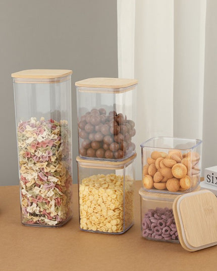Cutii de Depozitare Alimente, din 5 Cutii de tip Container, Cutii pentru Cereale, din Plastic, Capac din Bambuc, 1pc 0.5 l. 2pc 0.8 l, 2pc 1.2 l, 1pc 1.9 l, Transparente