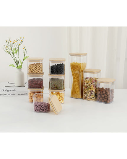 Cutii de Depozitare Alimente, din 5 Cutii de tip Container, Cutii pentru Cereale, din Plastic, Capac din Bambuc, 1pc 0.5 l. 2pc 0.8 l, 2pc 1.2 l, 1pc 1.9 l, Transparente