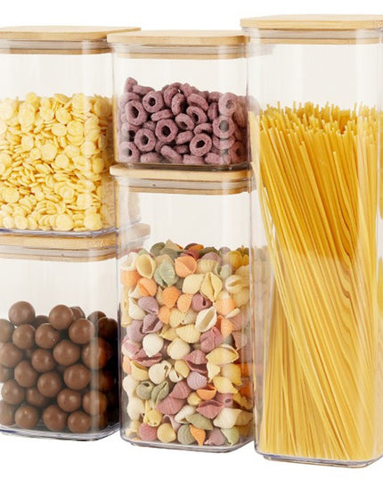 Cutii de Depozitare Alimente, din 5 Cutii de tip Container, Cutii pentru Cereale, din Plastic, Capac din Bambuc, 1pc 0.5 l. 2pc 0.8 l, 2pc 1.2 l, 1pc 1.9 l, Transparente