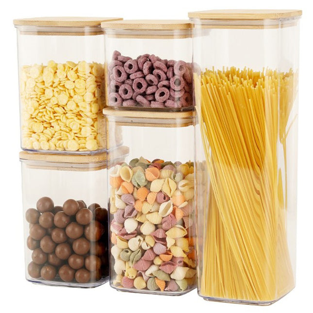 Cutii de Depozitare Alimente, din 5 Cutii de tip Container, Cutii pentru Cereale, din Plastic, Capac din Bambuc, 1pc 0.5 l. 2pc 0.8 l, 2pc 1.2 l, 1pc 1.9 l, Transparente