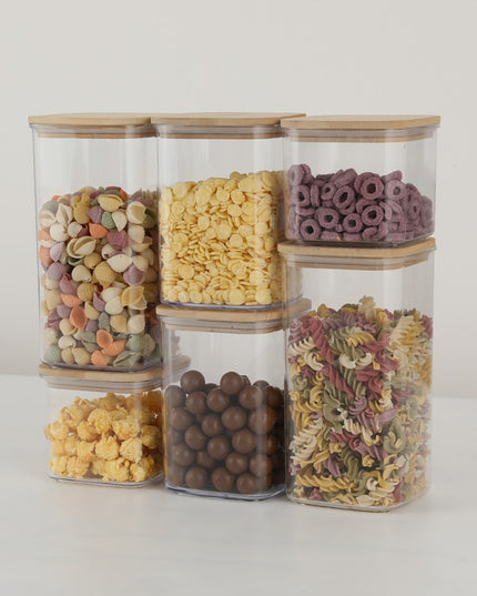 Cutii de Depozitare Alimente, din 6 Cutii de tip Container, Cutii pentru Cereale, din Plastic, Capac din Bambuc, 2pc 0.5 l. 2pc 0.8 l, 2pc 1.2 l, Transparente