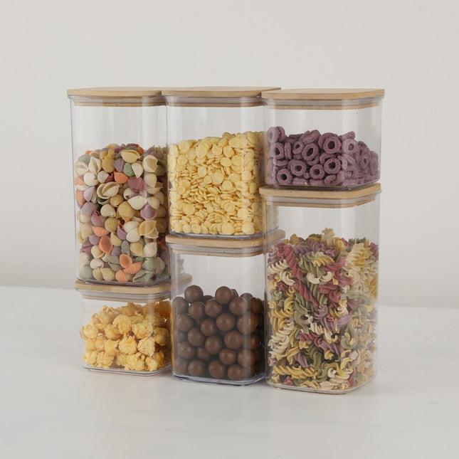 Cutii de Depozitare Alimente, din 6 Cutii de tip Container, Cutii pentru Cereale, din Plastic, Capac din Bambuc, 2pc 0.5 l. 2pc 0.8 l, 2pc 1.2 l, Transparente