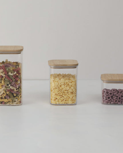 Cutii de Depozitare Alimente, din 6 Cutii de tip Container, Cutii pentru Cereale, din Plastic, Capac din Bambuc, 2pc 0.5 l. 2pc 0.8 l, 2pc 1.2 l, Transparente