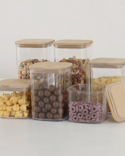 Cutii de Depozitare Alimente, din 6 Cutii de tip Container, Cutii pentru Cereale, din Plastic, Capac din Bambuc, 2pc 0.5 l. 2pc 0.8 l, 2pc 1.2 l, Transparente