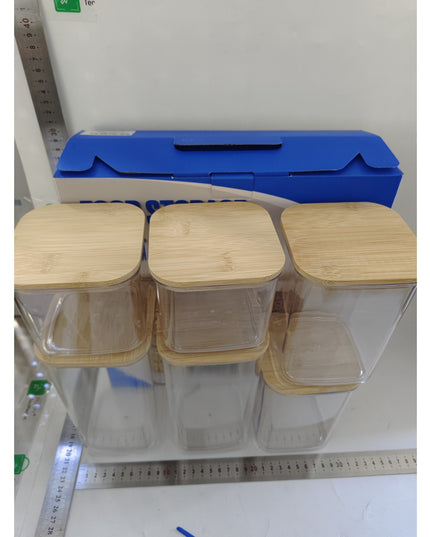 Cutii de Depozitare Alimente, din 6 Cutii de tip Container, Cutii pentru Cereale, din Plastic, Capac din Bambuc, 2pc 0.5 l. 2pc 0.8 l, 2pc 1.2 l, Transparente