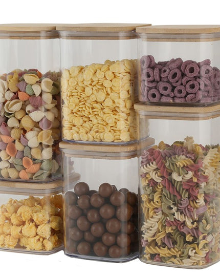 Cutii de Depozitare Alimente, din 6 Cutii de tip Container, Cutii pentru Cereale, din Plastic, Capac din Bambuc, 2pc 0.5 l. 2pc 0.8 l, 2pc 1.2 l, Transparente