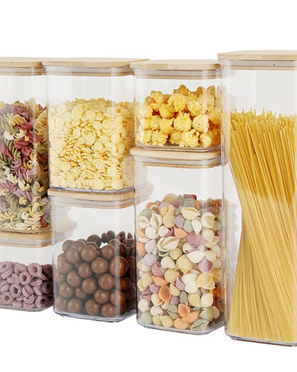 Cutii de Depozitare Alimente, din 7 Cutii de tip Container, Cutii pentru Cereale, din Plastic, Capac din Bambuc, 2pc 0.5 l, 2pc 0.8 l, 2pc 1.2 l, 1pc 2.5 l, Transparente