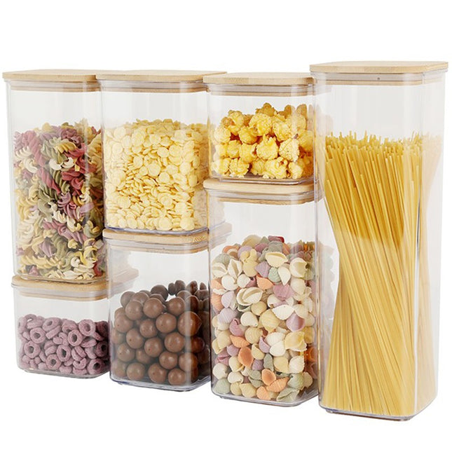 Cutii de Depozitare Alimente, din 7 Cutii de tip Container, Cutii pentru Cereale, din Plastic, Capac din Bambuc, 2pc 0.5 l, 2pc 0.8 l, 2pc 1.2 l, 1pc 2.5 l, Transparente