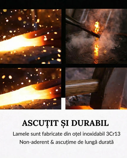 Cutite Bucatarie, Set 9 Piese, Otel Inoxidabil cu Acoperire Antiaderenta, Suport Depozitare Inclus, 6 Cutite, Tija Ascutire si Foarfeca Bucatarie, 31 x 10 x 10 cm