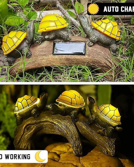 Decoratiune Ornament pentru Gradina, Decoratiune pentru Gradina, Model 3 Broscute Testoase Asezate pe Bustean, Lumini LED